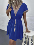 Full Size Tassel V-Neck Short Sleeve Dress Plus Size - Trendsi - Flyclothing LLC