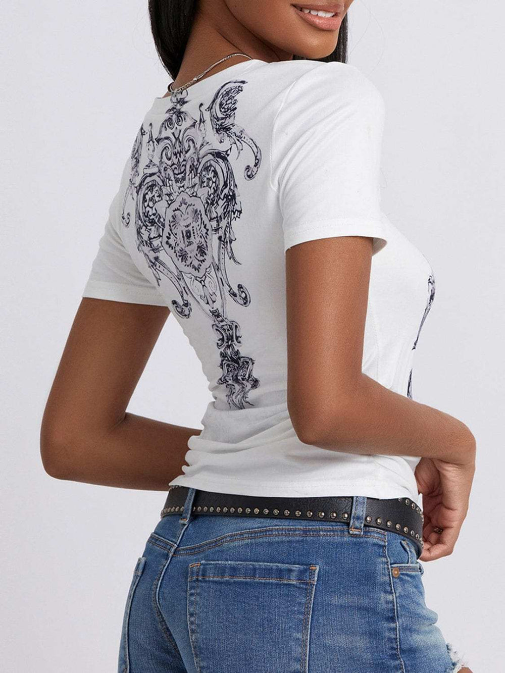 Graphic V-Neck Short Sleeve T-Shirt - Trendsi - Flyclothing LLC