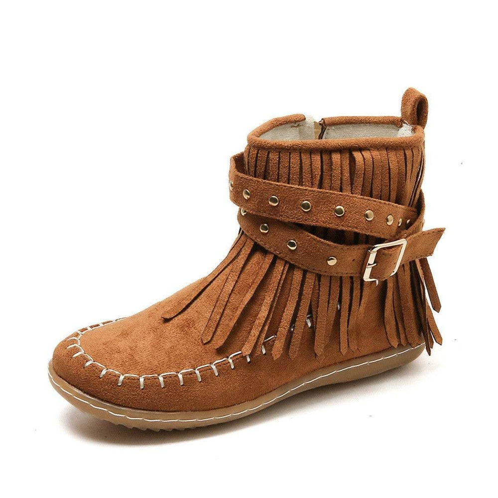 Fringe Studded Suede Flat Boots - Trendsi - Flyclothing LLC