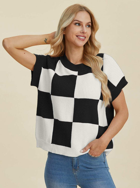 Double Take Full Size Checkered Round Neck Short Sleeve Sweater - Trendsi - Flyclothing LLC