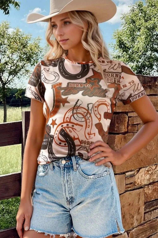 Western Horseshoe Printed Mesh Short Sleeve T Shirt - Trendsi - Flyclothing LLC