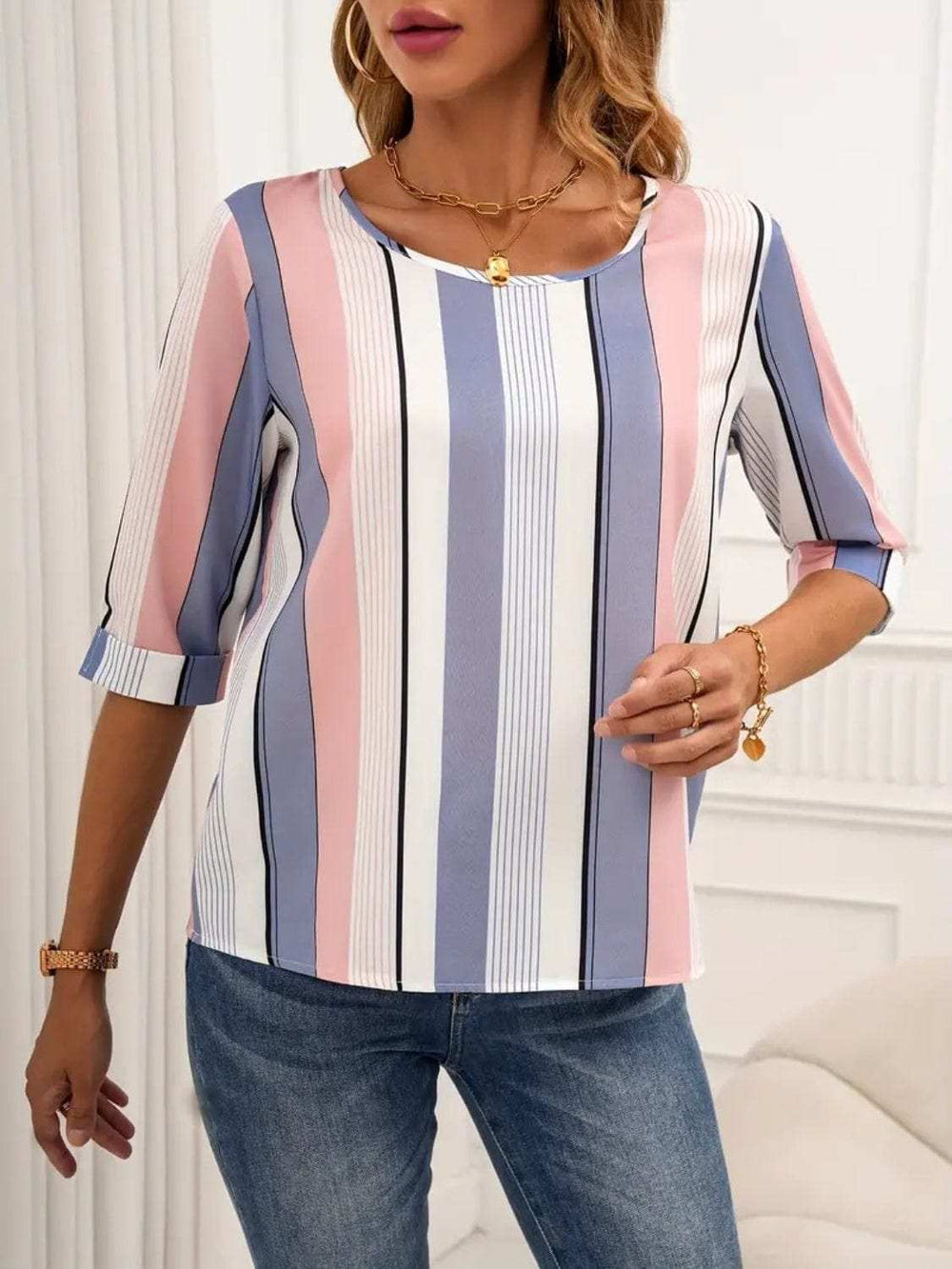 Full Size Contrast Stripes Round Neck Half Sleeve Blouse - Trendsi - Flyclothing LLC