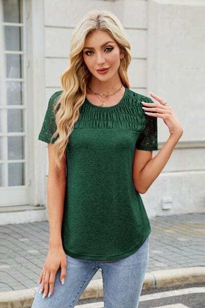 Smocked Round Neck Short Sleeve T-Shirt - Trendsi - Flyclothing LLC