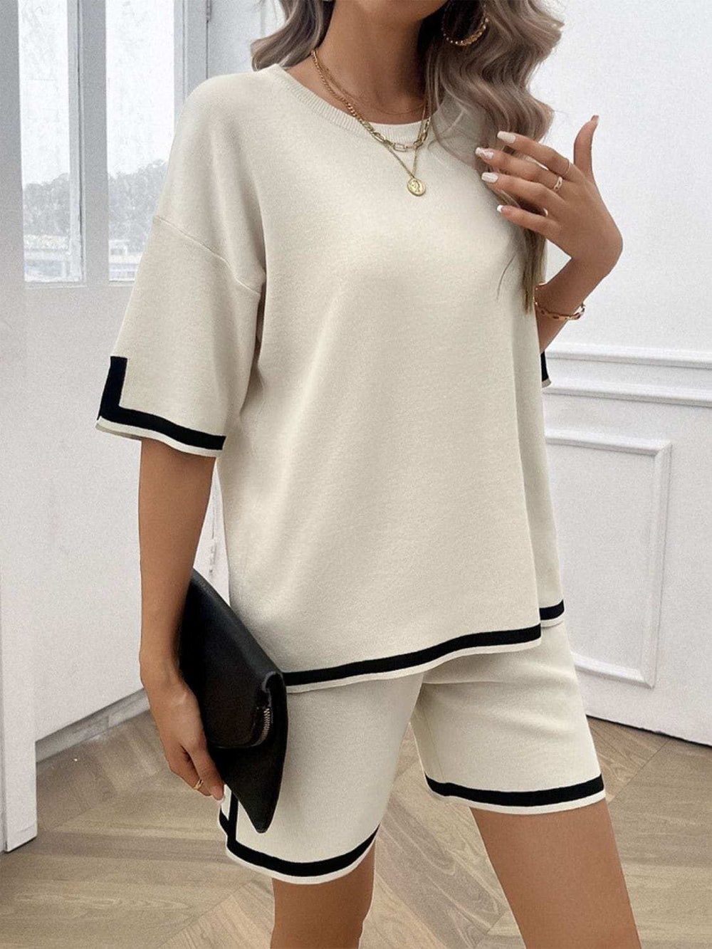 Contrast Trim Round Neck Top and Shorts Set - Trendsi - Flyclothing LLC
