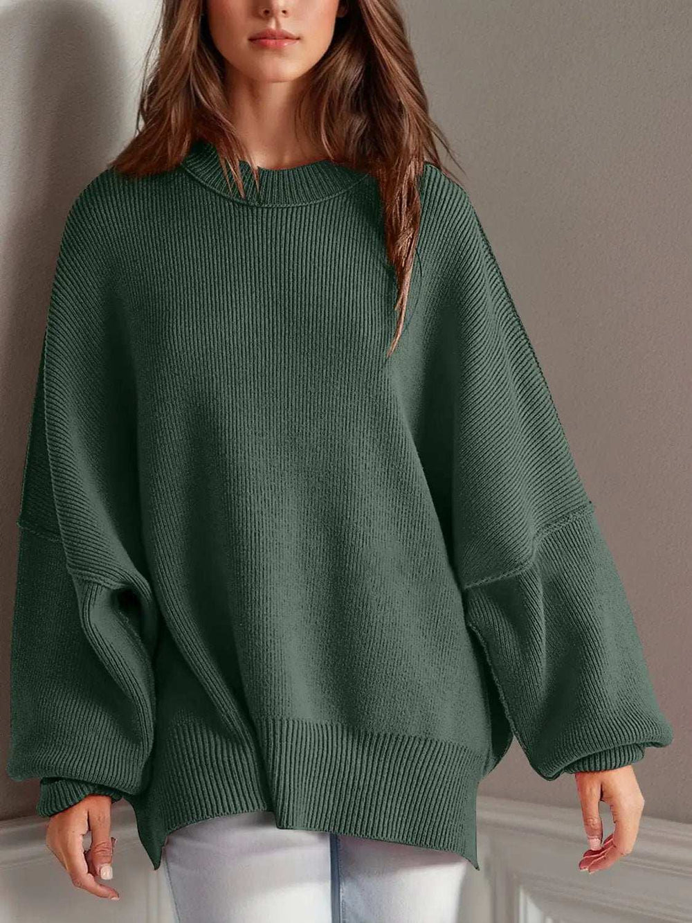 Double Take Side Slit Round Neck Long Sleeve Sweater - Trendsi - Flyclothing LLC