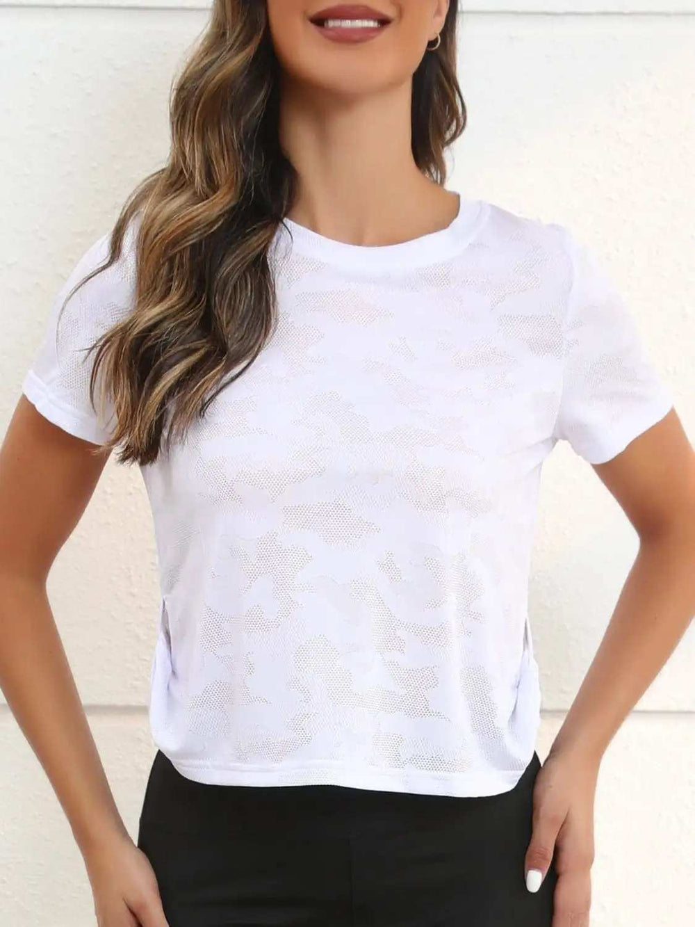 Ice Silk Mesh Round Neck Short Sleeve T-Shirt - Trendsi - Flyclothing LLC