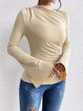 Bell Sleeve Ruched Fitted T-Shirt with Mock Neck - Trendsi - Flyclothing LLC