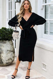 Surplice Neck Bow Waist Slit Sweater Dress - Trendsi - Flyclothing LLC