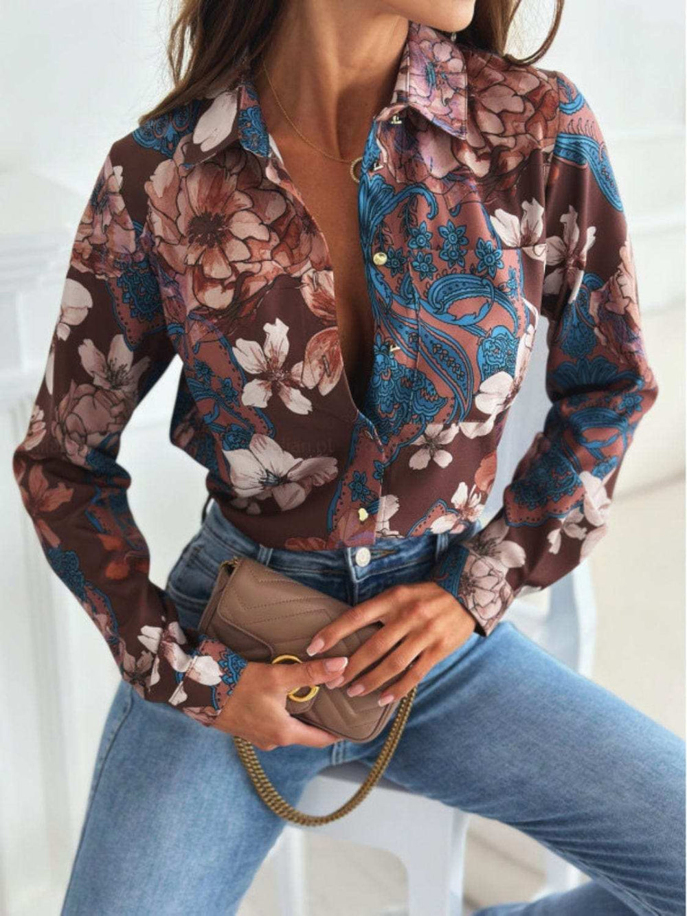 Full Size Printed Collared Neck Long Sleeve Shirt - Trendsi - Flyclothing LLC