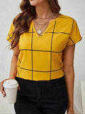 Plaid Contrast Notched Blouse - Trendsi - Flyclothing LLC