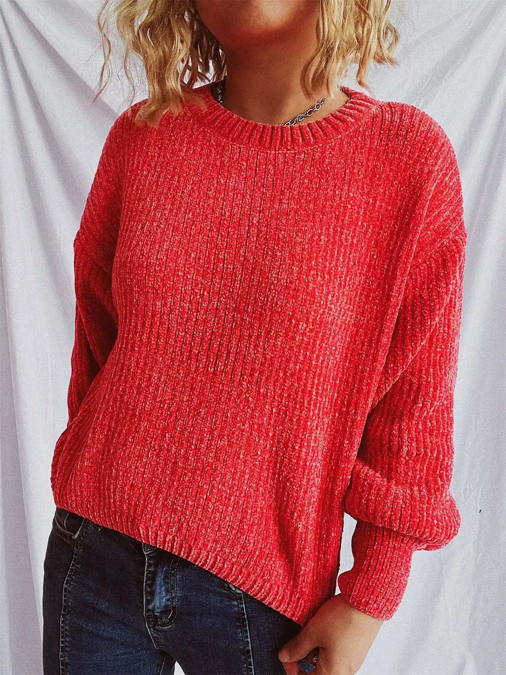 Round Neck Dropped Shoulder Long Sleeve Sweater - Trendsi - Flyclothing LLC