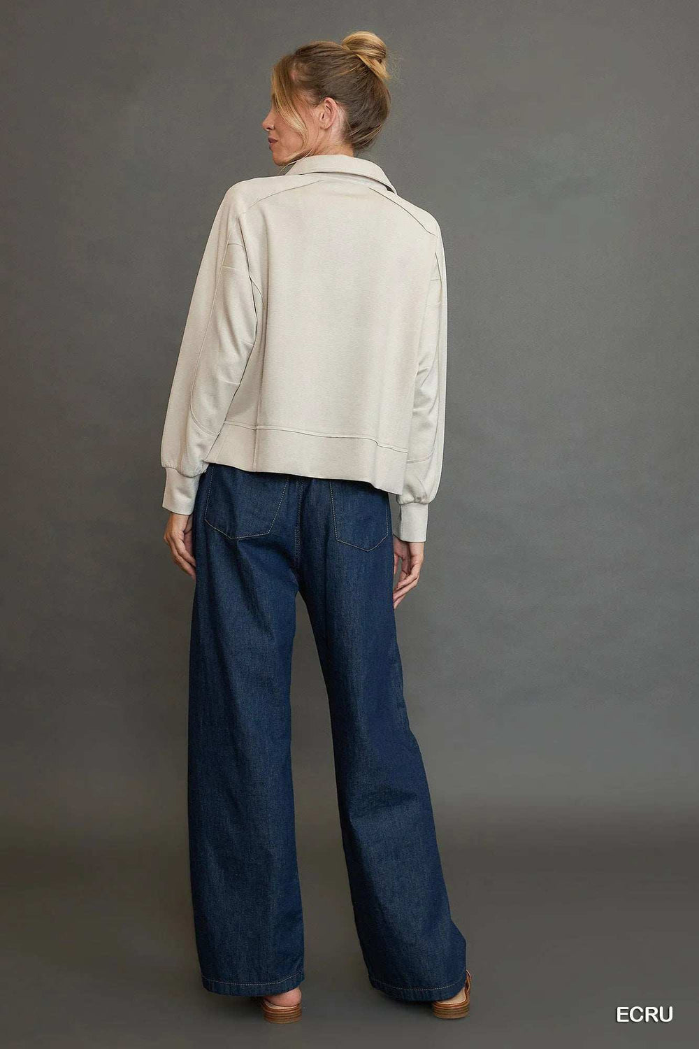 Umgee Collared Neck Long Sleeve Top with Raw Hem Detail - Trendsi - Flyclothing LLC