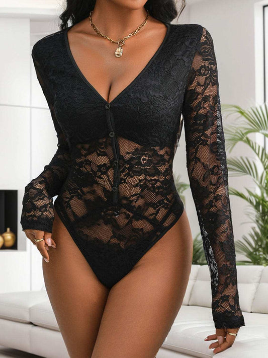 Lace V-Neck Long Sleeve Bodysuit - Trendsi - Flyclothing LLC
