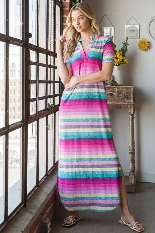 Heimish Full Size Striped Short Sleeve Maxi Tee Dress Plus Size - Trendsi - Flyclothing LLC