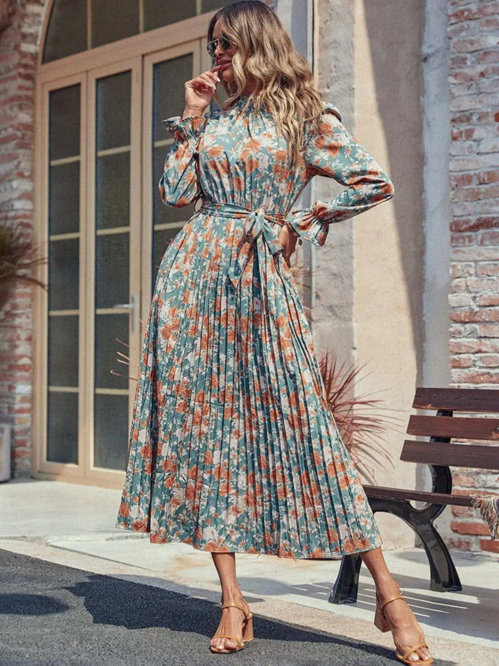 Perfee Tied Pleated Printed Mock Neck Long Sleeve Dress - Trendsi - Flyclothing LLC
