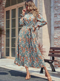 Perfee Tied Pleated Printed Mock Neck Long Sleeve Dress - Trendsi - Flyclothing LLC