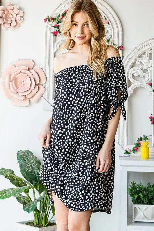 Heimish Full Size Short Sleeve Off Shoulder Animal Mini Dress Plus Size - Trendsi - Flyclothing LLC