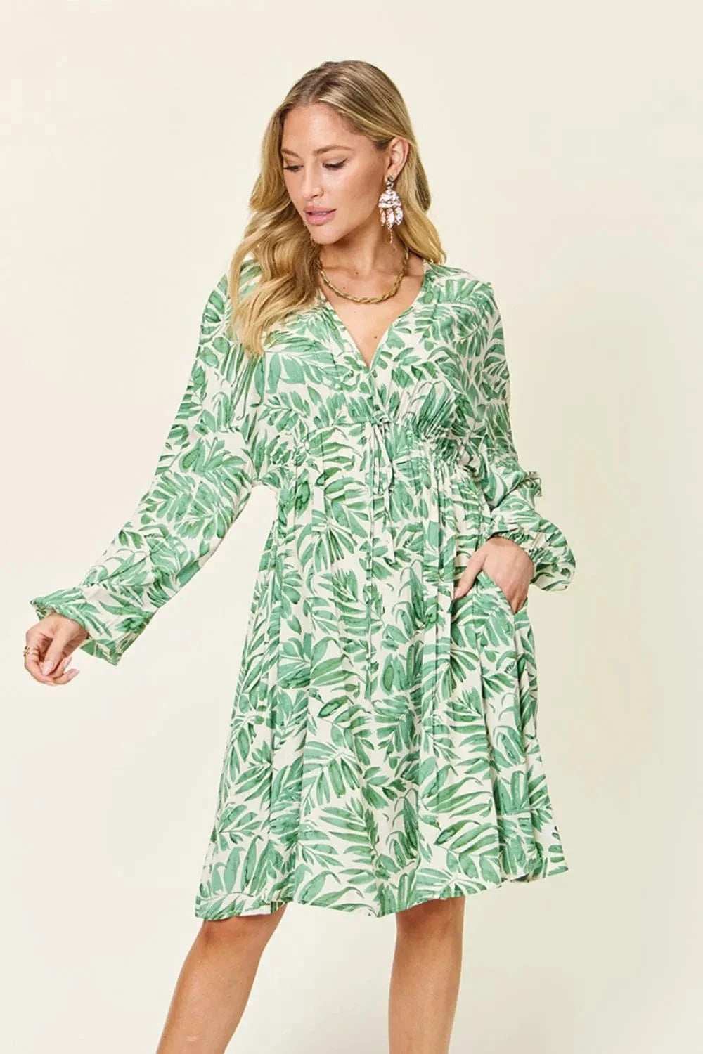 Double Take Full Size Printed Ruched Balloon Sleeve Dress - Trendsi - Flyclothing LLC
