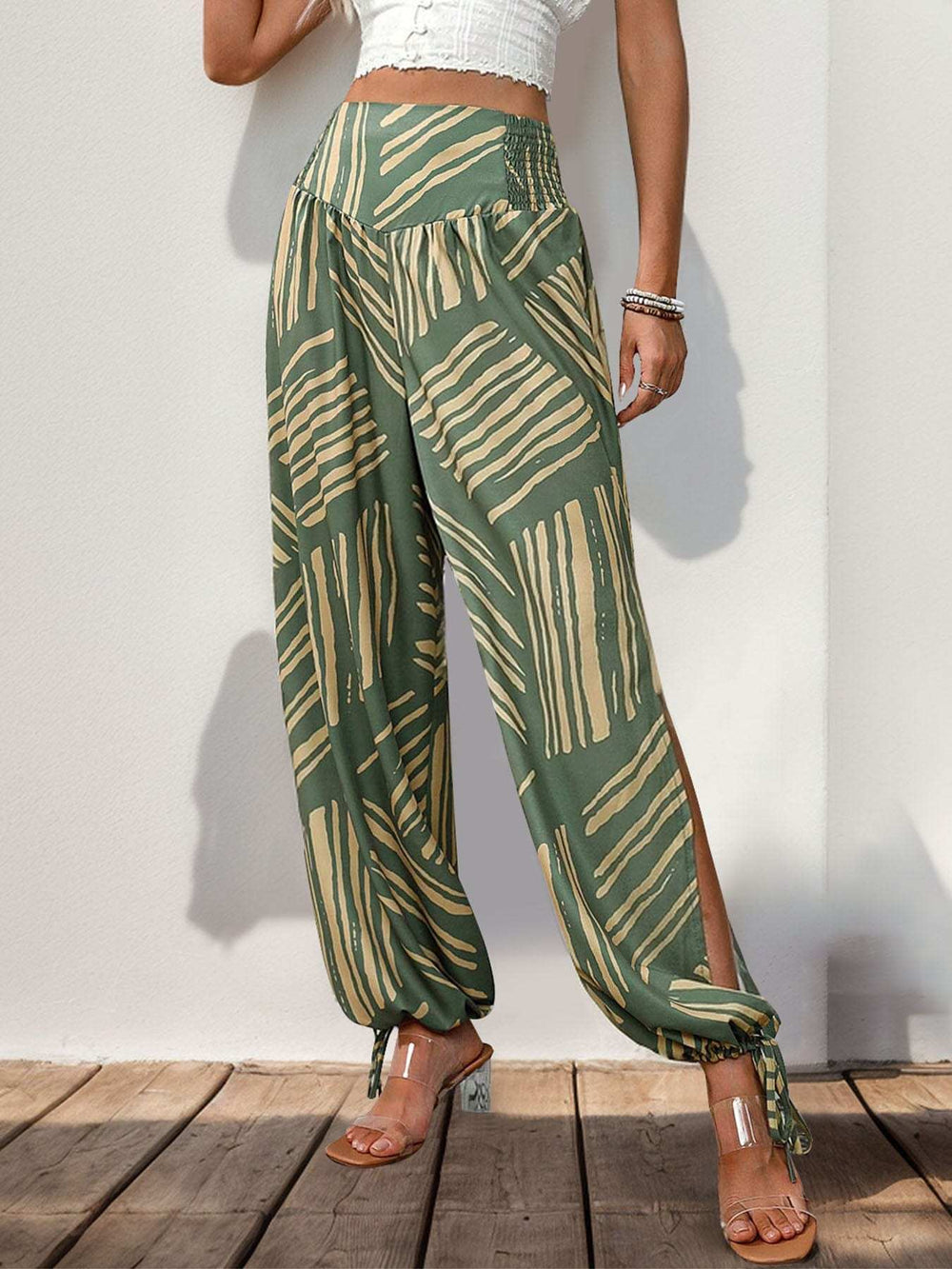 Smocked Slit Printed High Waist Pants - Trendsi - Flyclothing LLC