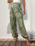 Smocked Slit Printed High Waist Pants - Trendsi - Flyclothing LLC