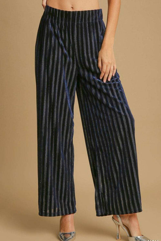 Umgee Full Size Elastic Waist Striped Wide Leg Velvet Pants - Trendsi - Flyclothing LLC