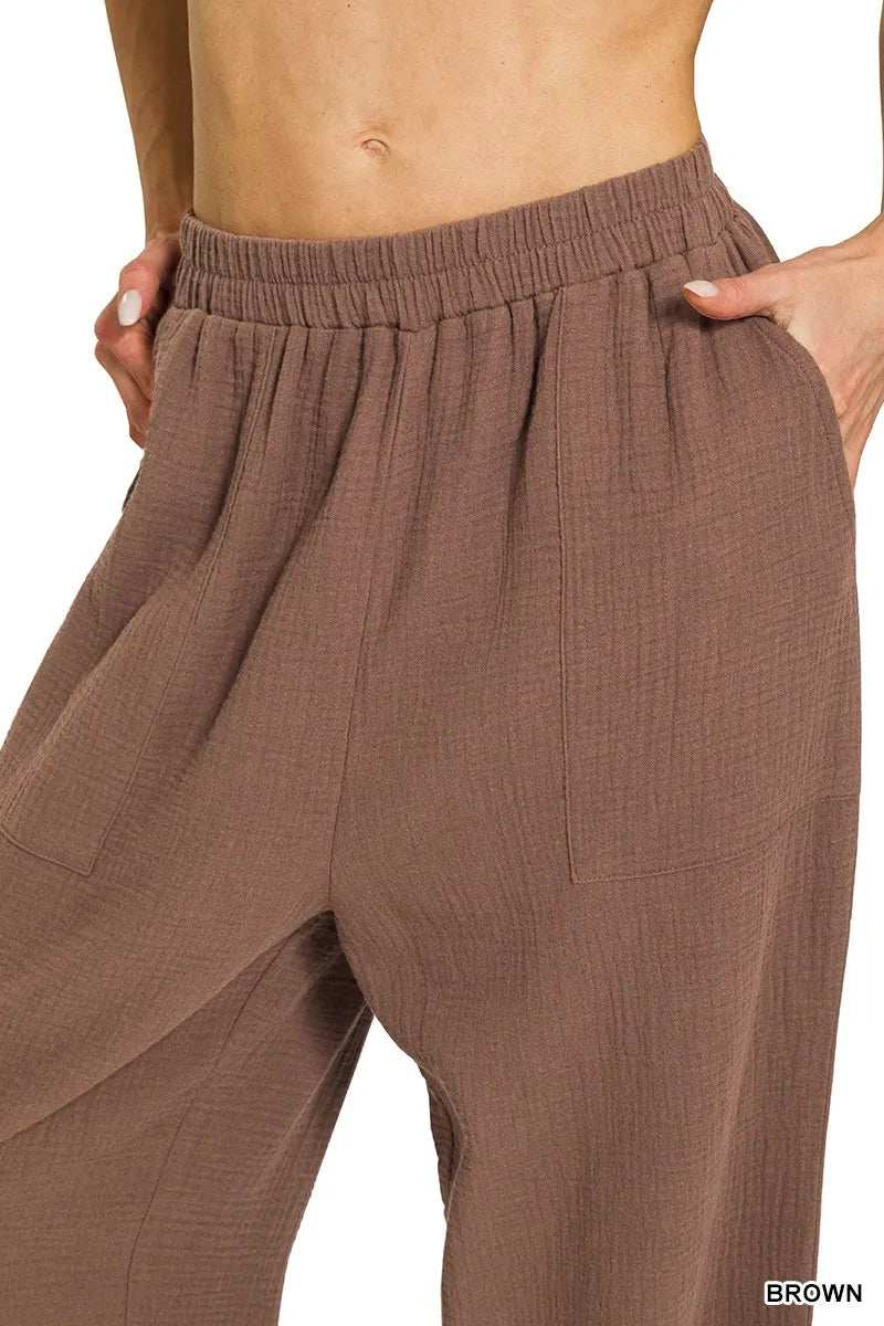 Zenana Double Gauze Elastic Band Pants - Trendsi - Flyclothing LLC