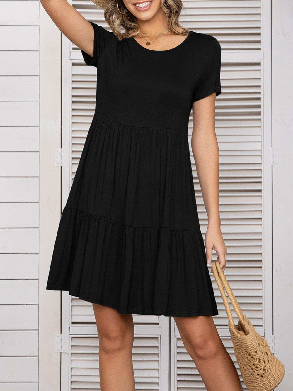 Round Neck Short Sleeve Mini Tee Dress - Trendsi - Flyclothing LLC
