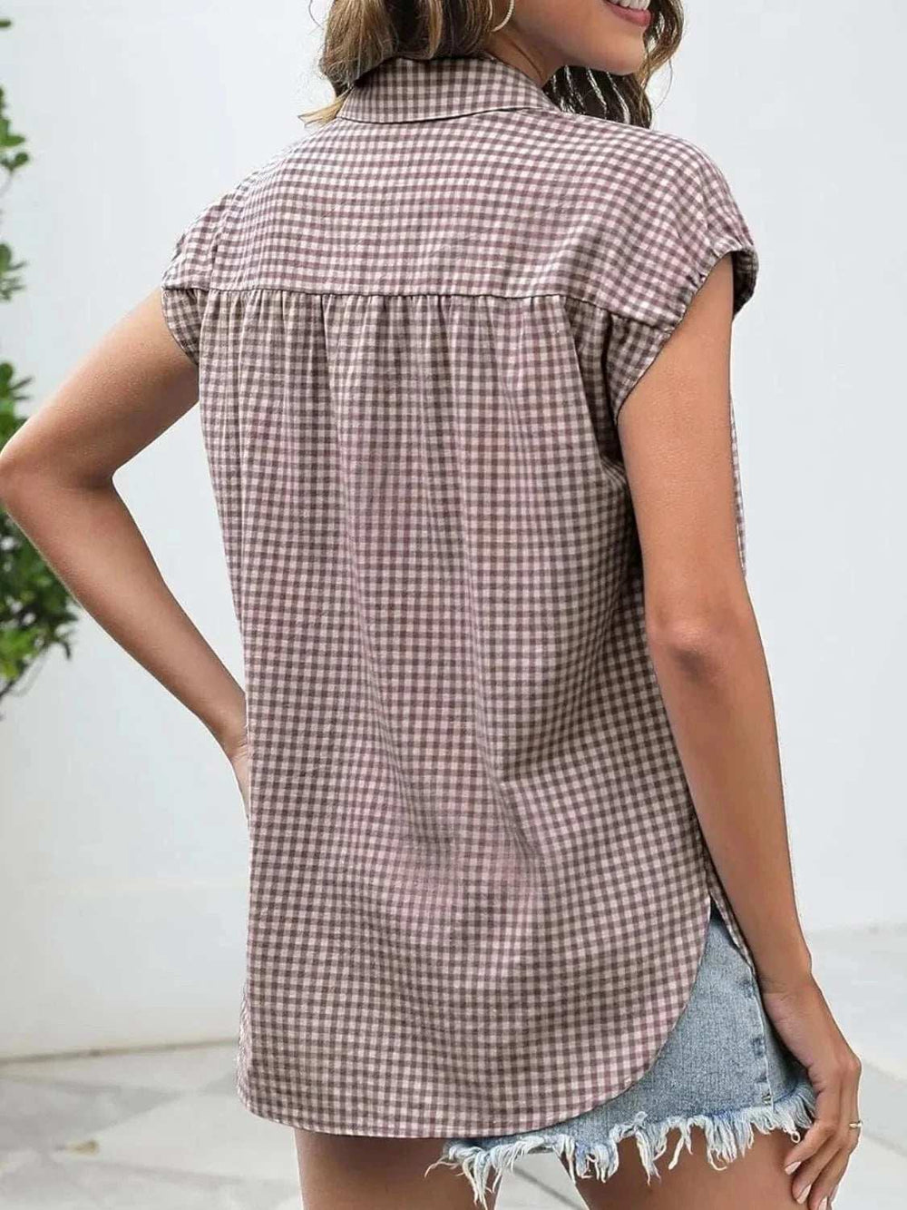 Plaid Button Up Cap Sleeve Shirt - Trendsi - Flyclothing LLC