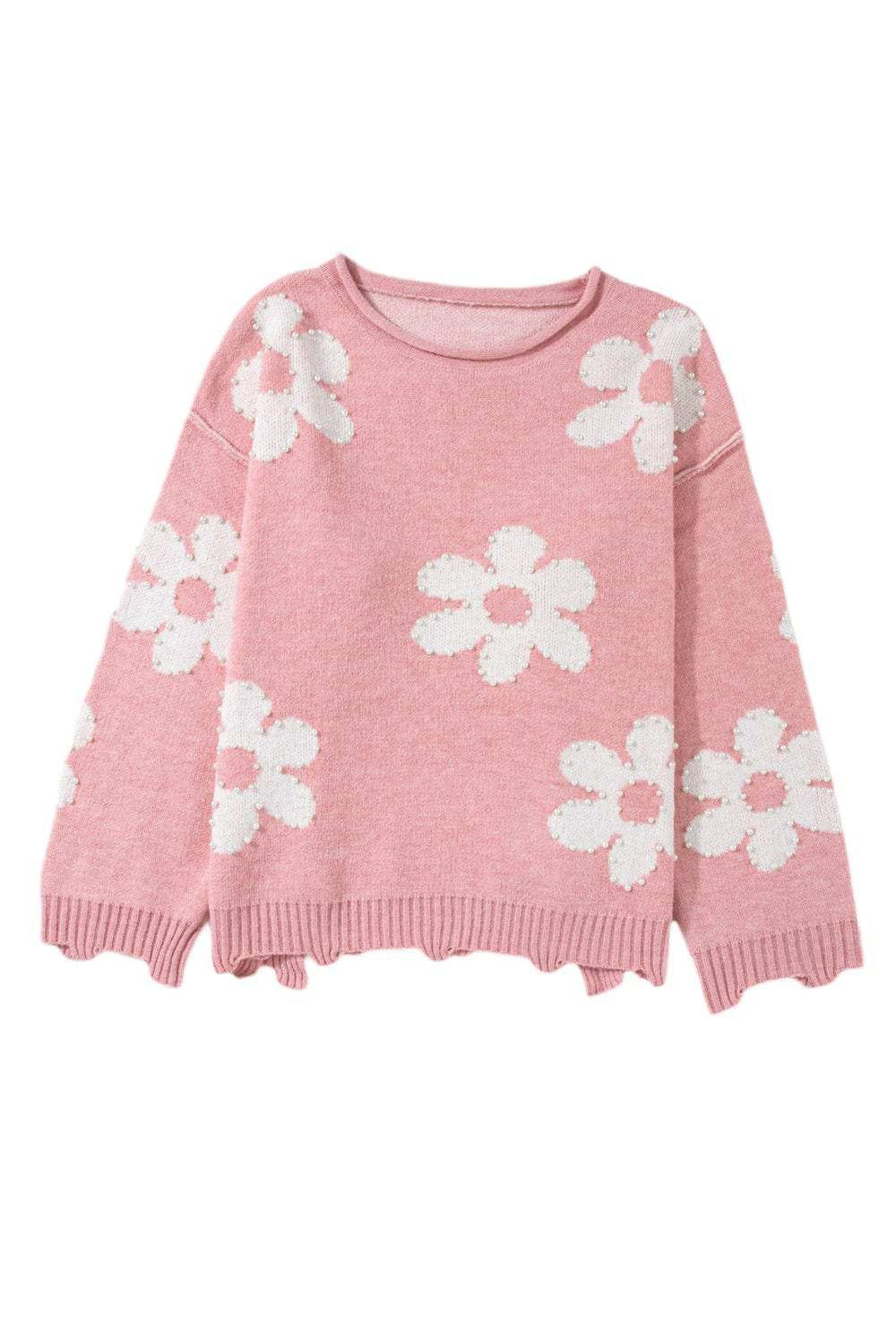 Pearl Trim Flower Round Neck Sweater - Trendsi - Flyclothing LLC