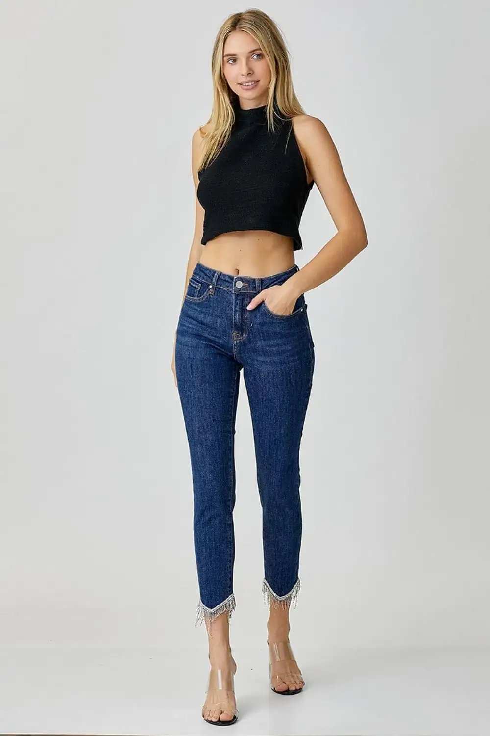 RISEN Full Size Embellished Mid Rise Crop Skinny Jeans - Trendsi - Flyclothing LLC