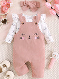 Children's Floral Print Ruffle Trim Top & Corduroy Overalls & Headband Set - Trendsi - Flyclothing LLC