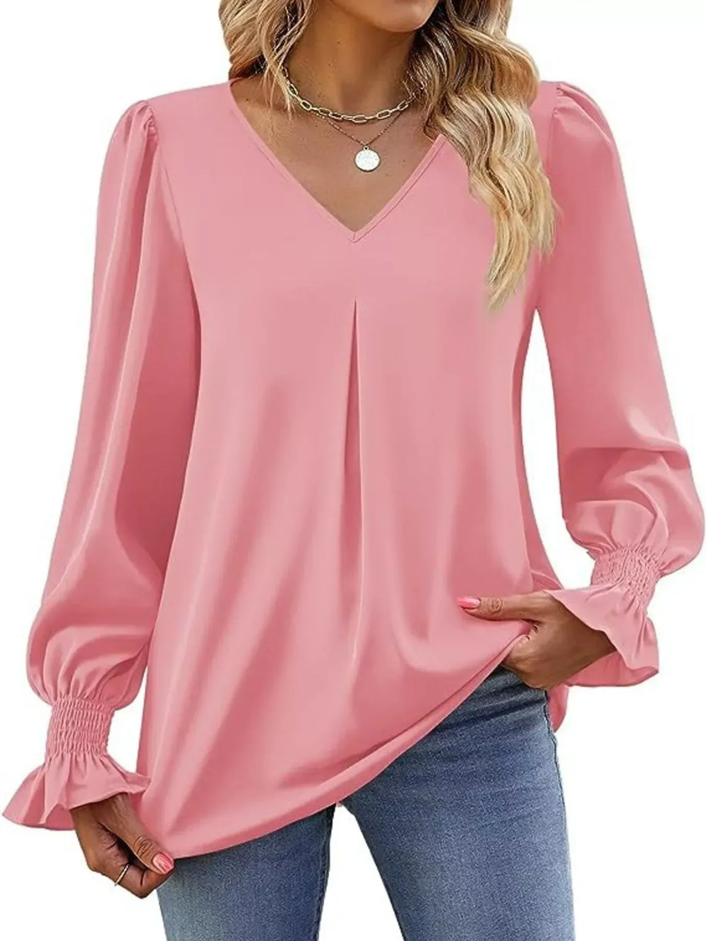 V-Neck Long Sleeve Ruffle Cuff Blouse - Trendsi - Flyclothing LLC