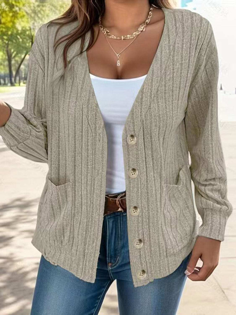 Full Size Button Up V-Neck Long Sleeve Cardigan - Trendsi - Flyclothing LLC