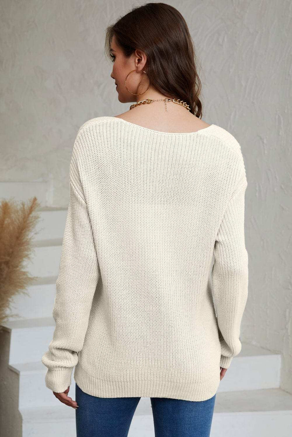 V-Neck Drop Shoulder Sweater - Trendsi - Flyclothing LLC