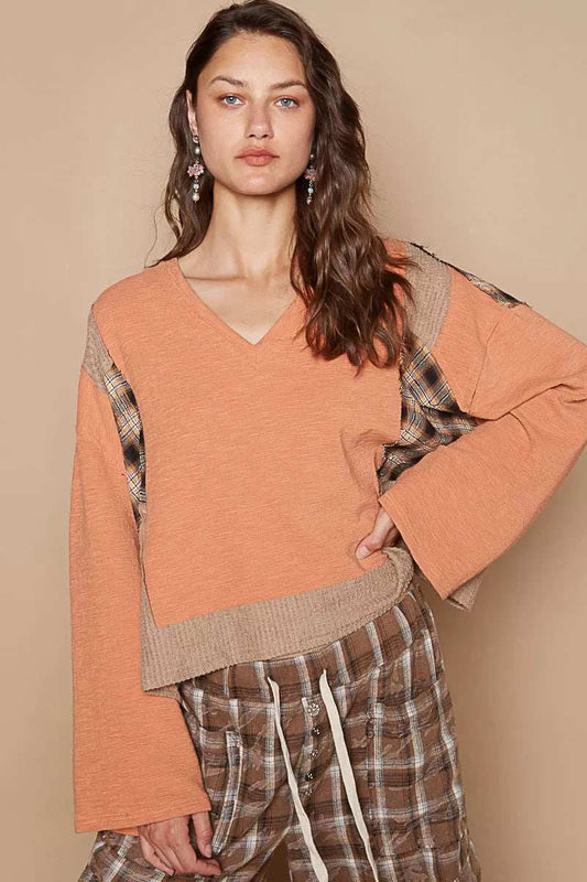 POL V-Neck Long Sleeve Plaid Contrast Top with Texture Knit Detail - Trendsi - Flyclothing LLC