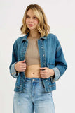 RISEN Oversized Cargo Pocket Denim Jacket with Cuffed Sleeves - Trendsi - Flyclothing LLC