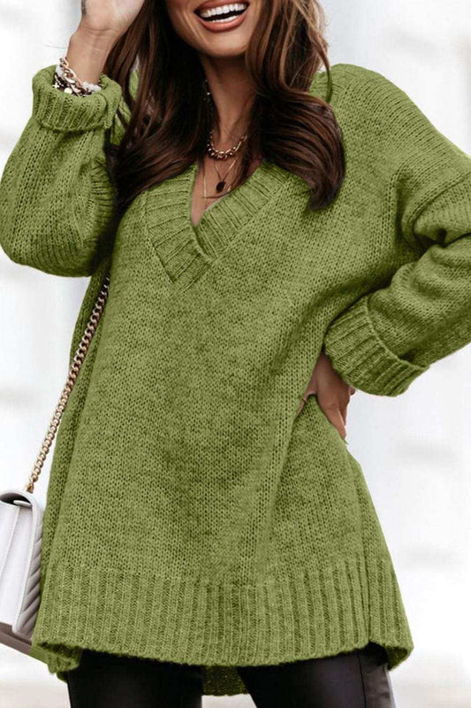 V-Neck Dropped Shoulder Sweater - Trendsi - Flyclothing LLC