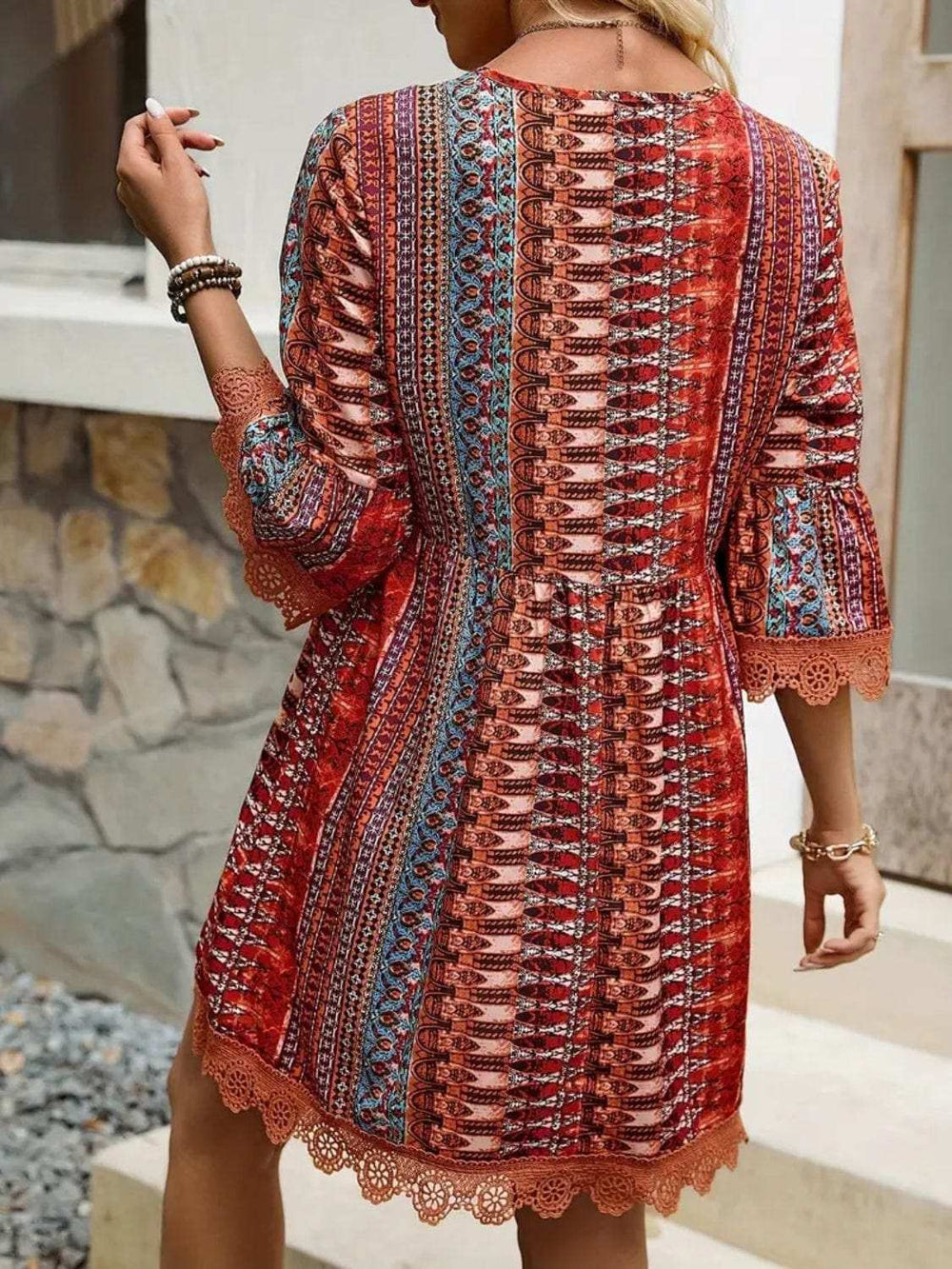 Lace Trim Printed V-Neck 3/4 Sleeve Dress - Trendsi - Flyclothing LLC