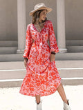 Tied Cutout Printed Long Sleeve Midi Dress - Trendsi - Flyclothing LLC
