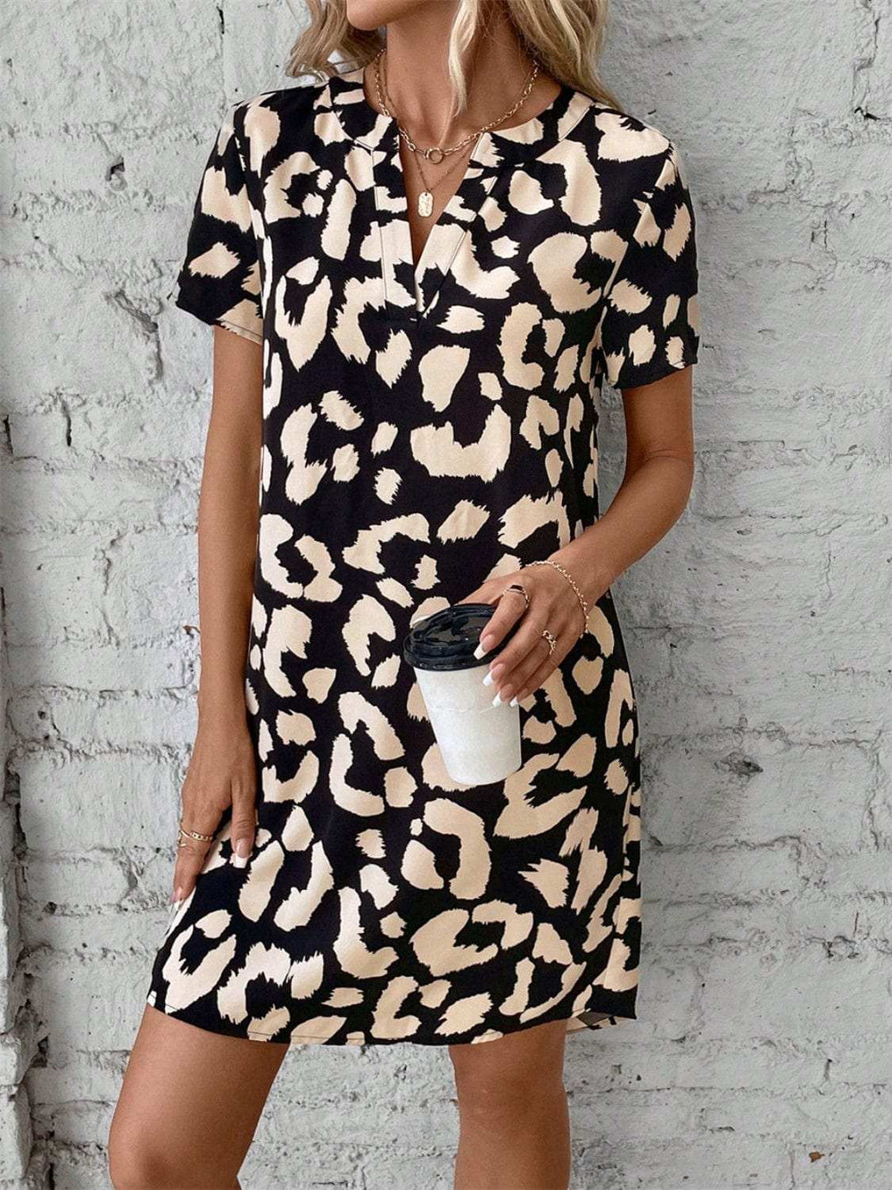Printed Notched Short Sleeve Mini Dress - Trendsi - Flyclothing LLC