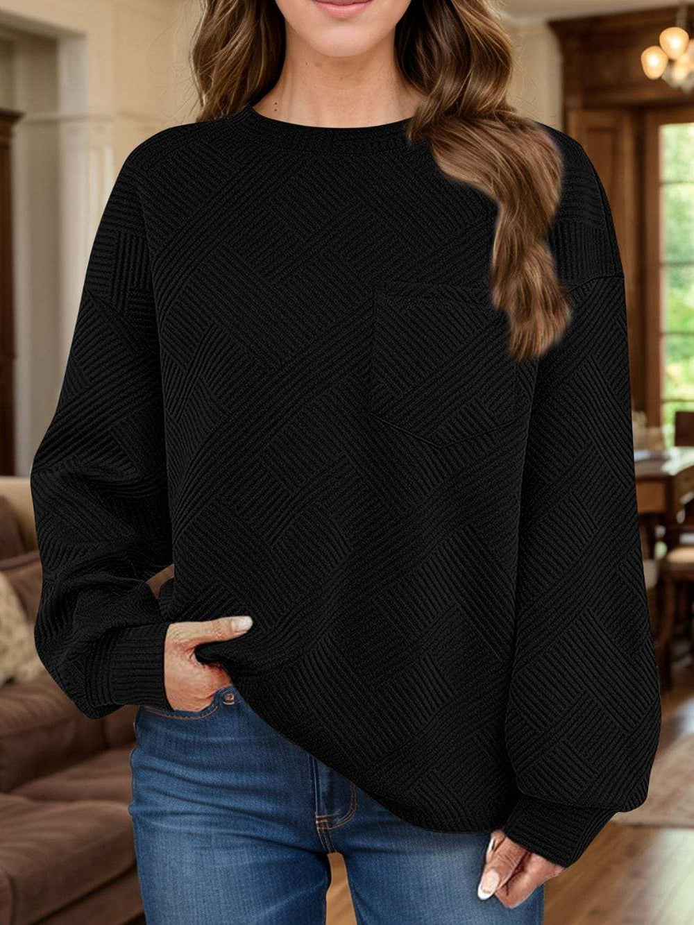 Full Size Texture Round Neck Long Sleeve Sweatshirt - Trendsi - Flyclothing LLC