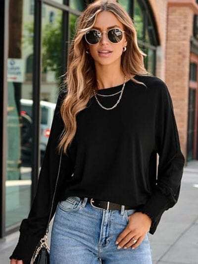 Round Neck Smocked Lantern Sleeve T-Shirt - Trendsi - Flyclothing LLC