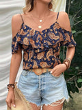 Ruffled Printed V-Neck Blouse - Trendsi - Flyclothing LLC