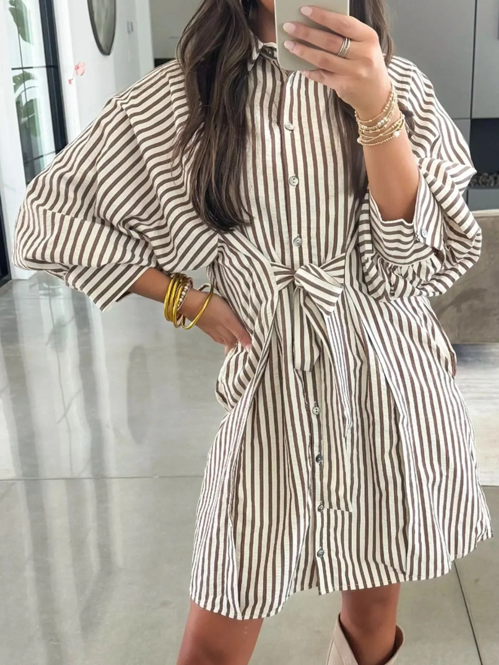 Striped Tie Waist Shirt Dress - Trendsi - Flyclothing LLC