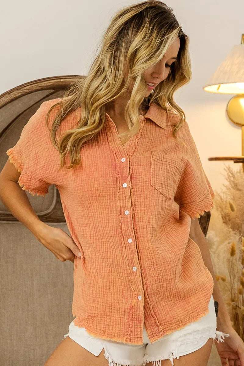 BiBi Mineral Washed Buttoned Up Shirt Top - Trendsi - Flyclothing LLC