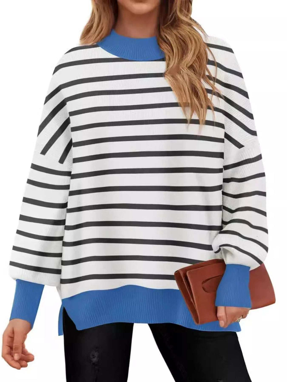 Striped Round Neck Long Sleeve Sweater - Trendsi - Flyclothing LLC