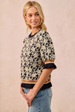 BiBi Textured Rose Knit Top Contrast Banded Puff Sleeve - Trendsi - Flyclothing LLC