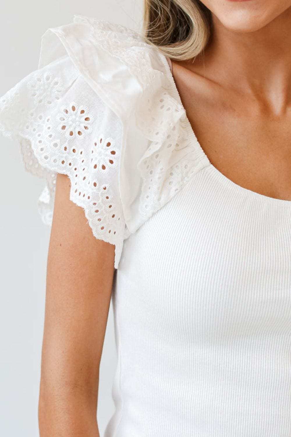 Eyelet Ruffle Sleeve Slim Top - Trendsi - Flyclothing LLC