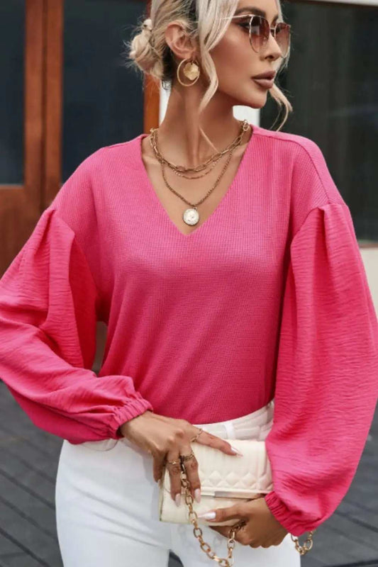 Waffle-Knit V-Neck Long Sleeve Blouse - Trendsi - Flyclothing LLC
