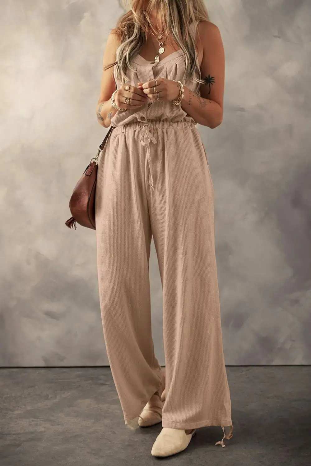 Knotted Straps Button Textured Drawstring Jumpsuit - Trendsi - Flyclothing LLC